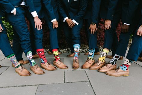 Groomsman Socks Picture, Groomsmen Socks Photo, Groomsmen Socks Picture, Groomsmen Marvel Socks, Groomsmen Funny Socks, Wedding Morning Photoshoot, Groomsmen Morning Of Wedding, Groomsmen Socks Ideas, Funny Groomsmen Pictures