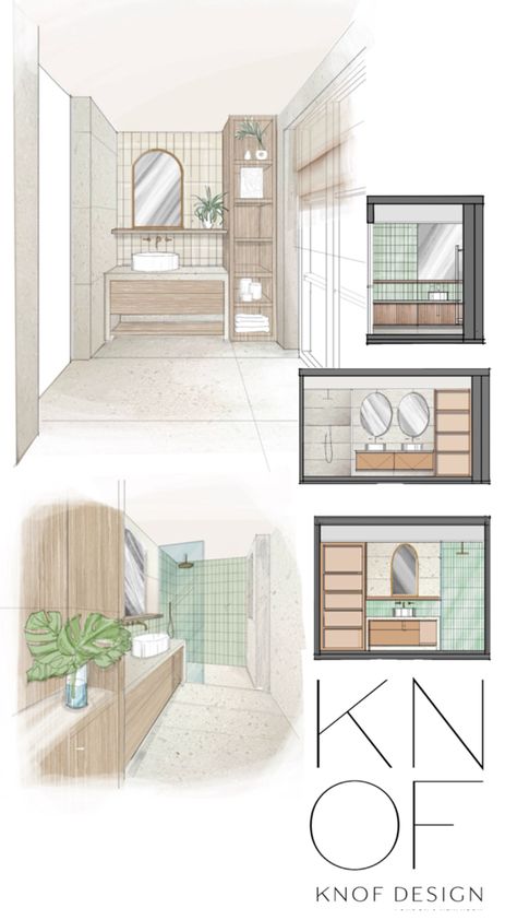 Beautiful hand rendered bathroom sketches, perspectives and elevations by Susan Knof Rendered Bathroom, Bathroom Sketch, Interior Sketch, Beautiful Hand, Presentation, Interior Design, Design