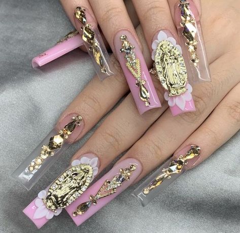 Mexican Nails Designs Acrylic Pink, Acrylic Mexican Nails, Saint Judas Nails, Santa Maria Nails, St Judas Nails, Catholic Acrylic Nails, White Virgencita Nails, Pink Virgin Mary Nails, La Virgen Nails