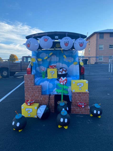 Super Smash Bros Trunk Or Treat, Trunk Or Treat Mario Ideas For Cars, Mario Trick Or Trunk, Super Mario Trick Or Trunk, Super Mario Brothers Trunk Or Treat Ideas, Spooky Mario Trunk Or Treat, Bowser Trunk Or Treat Ideas, Mario Party Trunk Or Treat, Princess Peach Trunk Or Treat