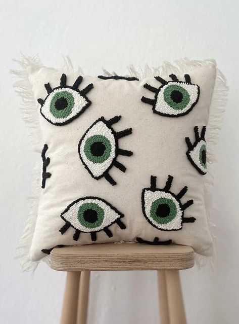 Evil Eye Design, Punch Needle Patterns, Punch Needle Embroidery, Eye Pillows, Linen Pillow Covers, Linen Pillows, Punch Needle, Decorative Pillow Covers, Throw Cushions