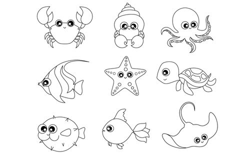 Sea creature line art for coloring page Ocean Animals Pictures, Sea Creatures Drawing, Ocean Coloring Pages, Turtle Coloring Pages, Fish Coloring Page, Bear Coloring Pages, Cute Turtles, Art Line, Sea Creature