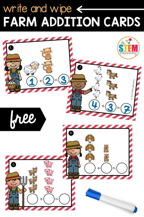 Farm Addition Cards - The Stem Laboratory Math Stem Activities, Addition Fluency, Farm Math, Free Math Centers, Farm Theme Preschool, Addition Kindergarten, Addition Activities, Math Centers Kindergarten, Preschool Lesson Plans