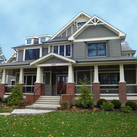 Red Brick House Exterior, Brick Porch, Grey Siding, James Hardie Siding, Hardie Siding, Siding Options, James Hardie, Craftsman Exterior, Home Exterior Makeover