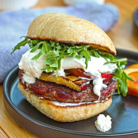 Grilled Peach Burrata Burgers - The Food in My Beard Burrata Burger, Peach Burger, Peach Burrata, Bubba Burgers, Unique Burgers, Fried Goat Cheese, Juicy Burger, Peach Recipes, Gorgonzola Cheese