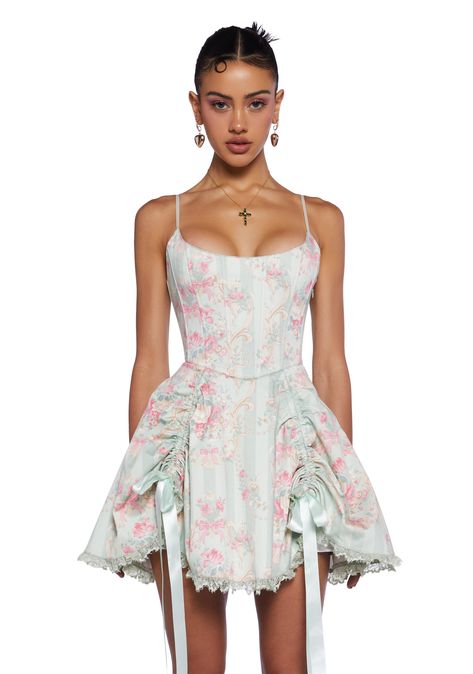 Sugar Thrillz Regency Twill Striped Bow Floral Ruched Lace Corset Mini Dress - Green