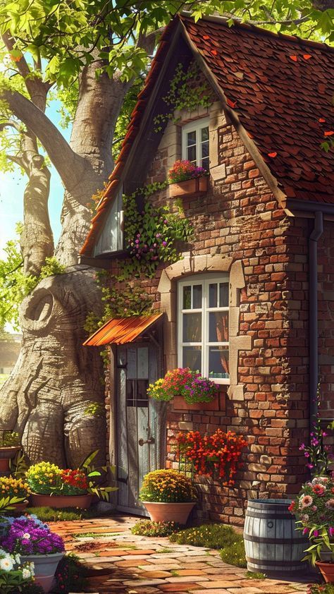 Country House Wallpaper, English Countryside House, Hipstoric Home, Farm Scene Painting, Plane Hacks, Flowers Blossoming, Old Homes, Red Brick Wall, Thatched House