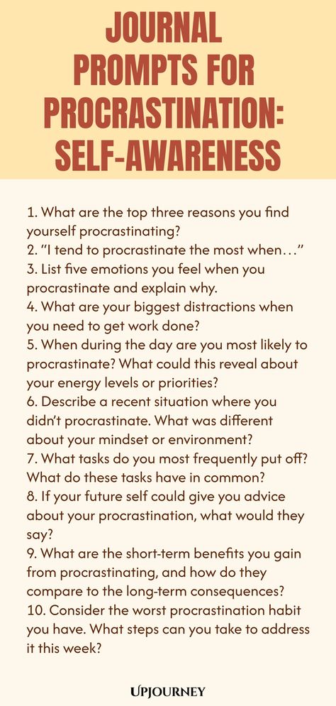 Explore meaningful journal prompts designed to deepen your self-awareness and uncover the root causes of procrastination. Journaling can be a powerful tool for understanding and overcoming barriers to productivity. Start your reflective journey today with these thought-provoking prompts. Dive into self-discovery and watch how it transforms your approach to tackling procrastination. Meaningful Journal Prompts, Journal Prompts For Productivity, Procrastination Journal Prompts, Procrastination Journal, Reflective Journal Prompts, 50 Journal Prompts, Deep Conversation Topics, Psychology Terms, Mindfulness Journal Prompts