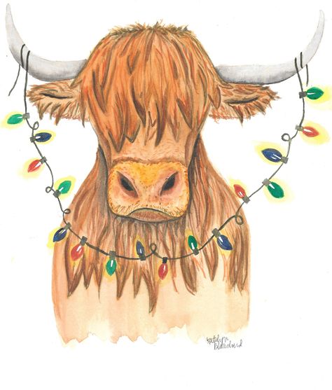 Moo-ey Christmas with this Highlander Cow watercolor.  this is a digital download Christmas Cow Watercolor, Cow Christmas Pictures, Christmas Highland Cow Painting, Christmas Animal Painting, Simple Highland Cow Drawing, Draw Highland Cow, Christmas Cow Drawing, Christmas Cow Painting, Christmas Animals Drawing