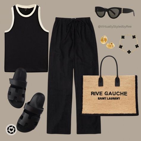 Summer Outfits Black Trousers, Chypre Sandal Hermes Outfit, Black Linen Trousers Outfit, Hermes Sandals Outfit, Black Linen Outfit, Black Sandals Outfit, Linen Trousers Outfit, Black Bag Outfit, Sandals Outfit Summer