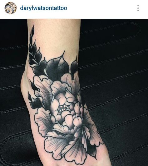 Black and gray peony foot tattoo by Daryl Watson Flower Tattoo Black And Grey, Flower Tattoo Black, Peony Flower Tattoo, Peony Flower Tattoos, Tattoo Black And Grey, Japanese Flower Tattoo, Tattoos Skull, Peonies Tattoo, Tattoo Black