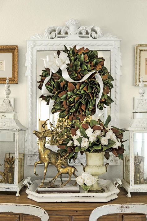 Cover Every Bare Surface - 29 Ways to Celebrate a Southern Christmas - Southernliving. Cover everything else with pine, magnolia, and red velvet bows. Undecorated surfaces at Christmastime make Southerners nervous. Wreath On Mirror, Magnolia Christmas Decor, Magnolia Decor, Christmas Spectacular, Southern Christmas, Holiday Greenery, Country Christmas Decorations, Magnolia Wreath, Gold Christmas Decorations