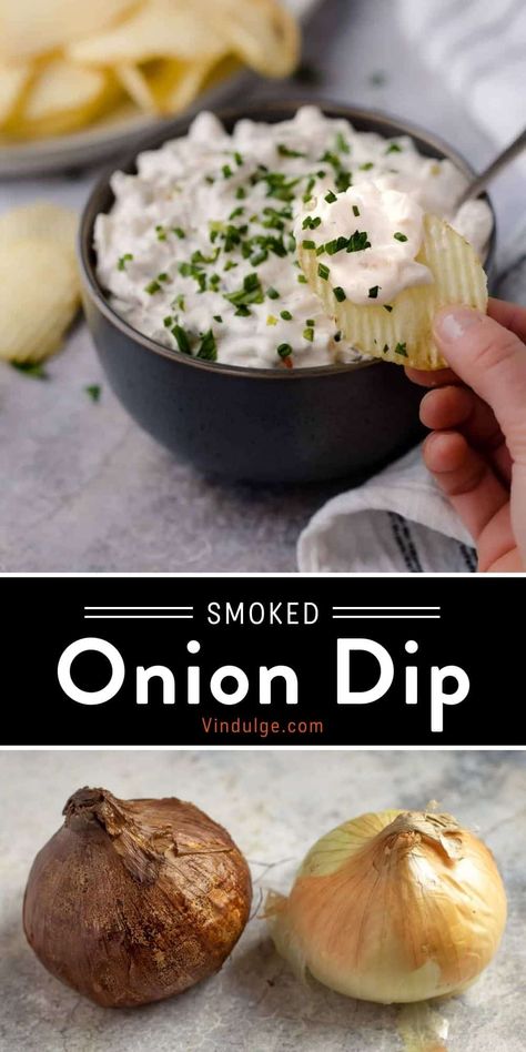 Smoked Onion Dip is an easy recipe that starts with a base of smoked white onion, then layering in sour cream, chives, and cream cheese for the ultimate game day or party snack. It’s a fantastic smoky twist on the classic French Onion Dip (but so much better!) Onion Appetizers, French Onion Dip Recipe, Vegan Bbq Recipes, Onion Dip Recipe, Sour Cream Dip, Canning Food, French Onion Dip, Vegan Bbq, Best Appetizer Recipes