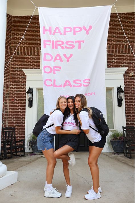 sorority, sec, rush, dress, friends, photo inspo, besties, girl gang Sunshine Chair Sorority Ideas, Sorority Banners Recruitment, Sorority Banner Ideas, Alpha Phi Red Dress Gala, Morale Ideas, Welcome Home Banners, Sorority Banner, Tri Delt, Sorority Ideas