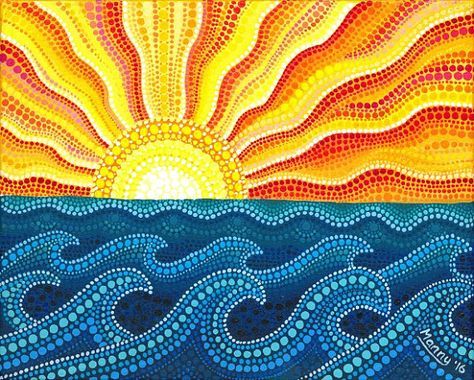 Art Soleil, Aboriginal Dot Painting, Mandala Rock Art, Summer Waves, Seni Cat Air, The Dot, Sun Art, Dot Art Painting, Mandala Dots