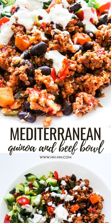 Diced Beef Recipes Healthy, Ground Beef With Tahini, Mediterranean Recipes Dinner Ground Beef, Ground Beef Quinoa Recipes, Ground Beef Quinoa Bowl, Mediterranean Diet Recipes With Ground Beef, Ww Mediterranean Recipes, Mediterranean Diet Beef Recipes, Beef Mediterranean Recipes