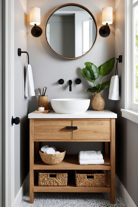 Struggling with a tiny bathroom? Learn genius vanity ideas that maximize space and style! Uncover clever storage solutions and design tricks that will make your small bathroom feel like a spacious sanctuary. Bathroom Cabinet Sink Ideas, Small Bathroom With Grey Vanity, Diy Floating Sink Vanity Small Bathrooms, Guest Bathroom Sink Ideas, Small Sink Ideas Bathroom, Bathroom Remodel Pedestal Sink, Bathroom Bowl Sink Ideas Wood Vanity, Tiny Vanity Ideas Bathroom, Small Vessel Sink Vanity