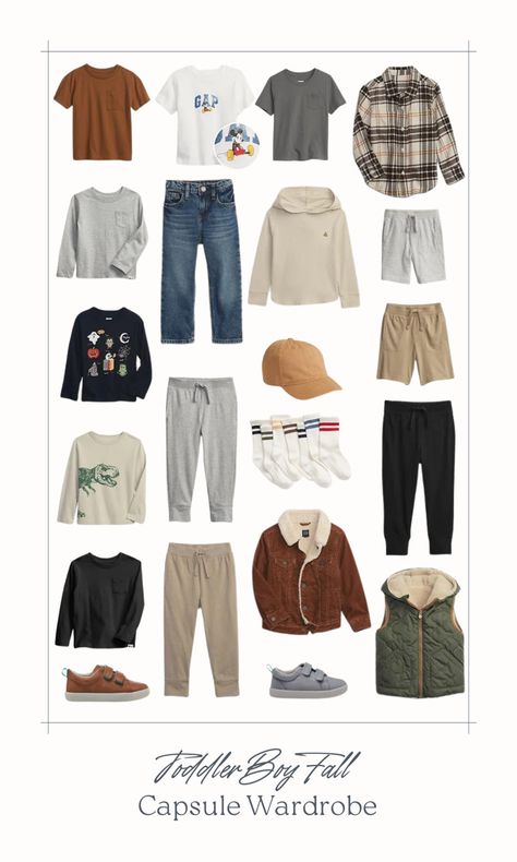 Seasonal capsule wardrobes allow you to save money while still looking cute. Most of these are organic cotton and the shoes are healthy for the feet flexible sole toddler shoes. Boys Fall Capsule Wardrobe, Boys Capsule Wardrobe, Toddler Capsule Wardrobe, Capsule Wardrobe Men, Fall Winter Capsule Wardrobe, Boys Closet, Boys Outfits, Boys Style