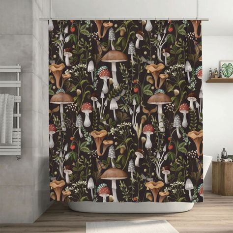 PRICES MAY VARY. 【Mushroom Shower Curtain】Unique mushroom and leaves vintage design with high quality HD printing technology, brings eye-catching look for your bathroom. 【Material】100% premium polyester fabric. Durable, non-fading, waterproof breathable but opaque. 【Large Size】72”x72”(180cm x 180cm) which fits most bathtubs. 【Package Includes】1 shower curtain & 12 free plastic hooks. 【Easy Care】Easy to install, waterproof, and washable. 【Package Includes】1 shower curtain & 12 free plastic hooks. Botanical Bathroom, Retro Shower Curtain, Black Shower Curtains, Boho Shower Curtain, Decor Baie, Unique Shower Curtain, Floral Curtains, Black Shower, Shower Liner