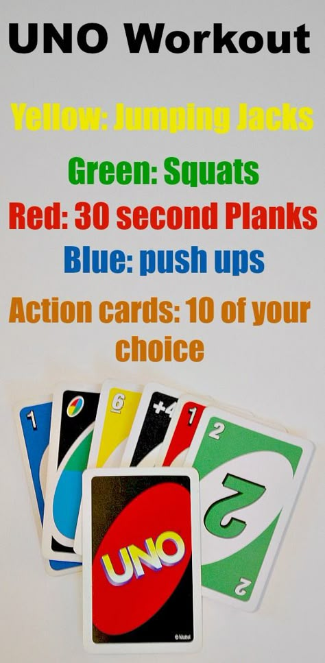 UNO workout. It's like playing a game!  Fun to do and perfect to do with the kids! #FitnessFriday Kids Fitness Games, Fitness Games For Kids, Kids Workout, Fitness Games, Crossfit Kids, Kids Fitness, Pe Ideas, Indoor Recess, Pe Games