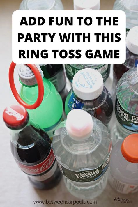 All you need are some rings and any kind of bottled drinks…and kids will have a blast! #party #games #carnival #ringtoss Kids Ring Toss Game, Bottle Ring Toss, Toss Ring Game, Stand A Bottle Carnival Game Diy, Toss Game Diy, Bottle Ring Toss Carnival Game, Ring Toss Game, Ring Toss, Toss Game