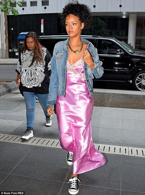 Celebrities LOVE the underwear as outerwear trend #dailymail Street Style Rihanna, Lingerie As Outerwear, Rihanna Street Style, Dress With Converse, Looks Rihanna, Lifestyle Dresses, Rihanna Outfits, Rihanna Looks, Pink Slip Dress