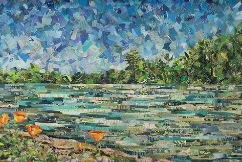 Eileen Downes, River Collage, Landscape Collage, Art Collages, Painting Landscapes, Newspaper Art, Landscape Quilt, Collage Art Projects, Arte Van Gogh