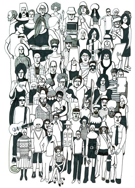 GEOFF MCFETRIDGE  Idea: Have fifth graders each draw a self protrait of themselves and collage together. With word bubbles or objects.geoff mcfetridge - crowd Together Illustration, Crowd Drawing, Word Bubbles, Geoff Mcfetridge, Media Drawing, ポップアート ポスター, 흑백 그림, 인물 드로잉, People Illustration