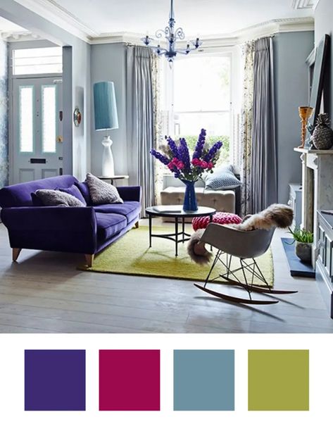 What Goes With Purple? How to Pair Shades with Purple In Home Decor | Apartment Therapy Purple Bedroom Color Scheme, Dark Purple Walls, Purple Living Room Ideas, Purple Interior Design, Divan Cama, Apartment Color Schemes, Purple Living Room, Purple Sofa, Purple Curtains