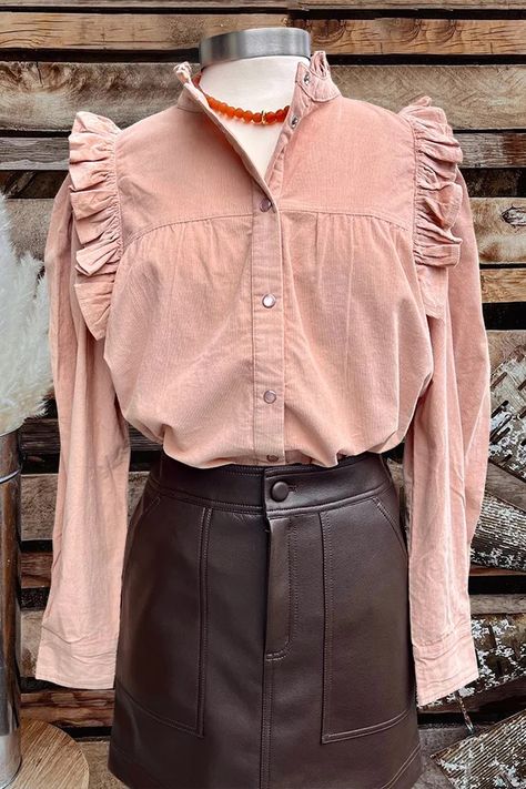 Women's blouse | Ruffle Snap-button Corduroy Top |Website-westernfeelings Western Blouse, Corduroy Top, Snap Button, Blouses For Women, Ruffle Blouse, Solid Color, Long Sleeve, Color