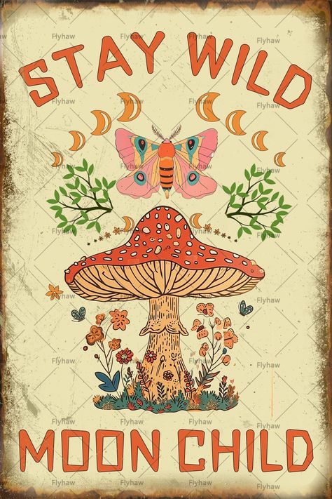 PRICES MAY VARY. Decorating Theme: Mushroom Decor Metal Tin Poster is printed with cute mushrooms, butterflies, moons and other patterns and the words 'Stay Wild Moon Child', which makes you feel hot and full of energy! This Mushroom Decor Metal Tin Sign can accompany you to go forward and pursue the life you want! Material And Size: Mushroom Decor Metal Tin Poster is made of metal tin/iron, which is not easy to bend and is sturdy and durable. The graphics are printed in layers with eco-friendly Mushroom Wall Stickers, Mushroom Themed Bathroom, Mushroom Stationary, Mushroom Poster Vintage, Mushroom Themed Room, Mushroom Bathroom Decor, Mushroom Animals, Uni Decor, Mushroom Bathroom