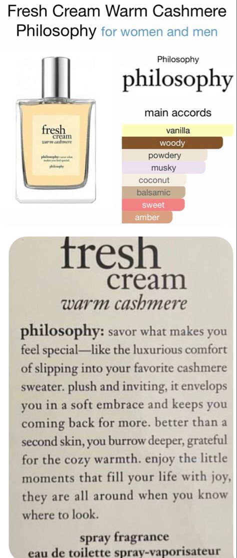 How To Smell Like Cashmere, Woody Vanilla Perfume, Fresh Cream Warm Cashmere, Perfume Combos, Philosophy Fresh Cream, Musk Perfume, Winter Fragrance, Learn Makeup, Sweet Perfume