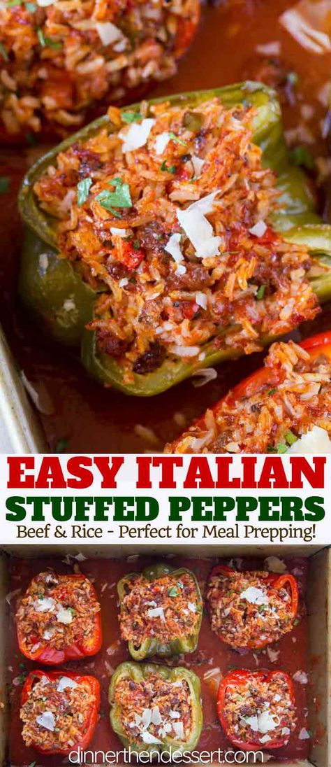 Stuffed Peppers with beef, rice, tomato sauce, onions and garlic with Italian Seasoning and Parmesan Cheese. | #stuffedpeppers #italian #mealprep #dinner #groundbeef #dinnerthendessert Stuffed Peppers In Sauce, Stuffed Bell Peppers In Tomato Sauce, Stuffed Bell Peppers With Marinara Sauce, Stuffed Peppers With Sauce, Stuffed Pepper Recipes Beef And Rice, Dinner Peppers, Stuffed Bell Peppers Ground Beef, Mealprep Dinner, Cooking Illustration