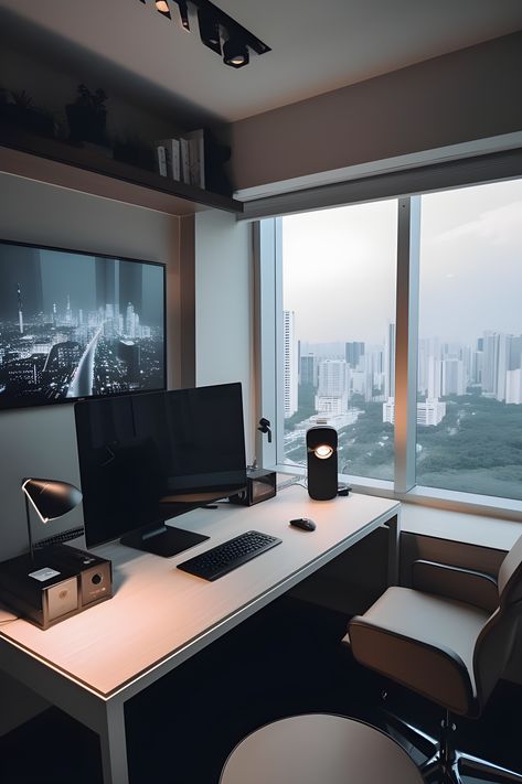 Modern desk setup with city view Home Office With Bed, Modern Desk Setup, Gaming Pc Setup, Apartment Desk, 40 Gifts, Modern Home Offices, Small Home Offices, Desktop Setup, Branding Tools