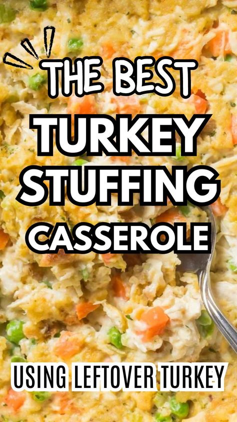 Make this turkey stuffing casserole with Thanksgiving or Christmas leftovers. This turkey stuffing casserole recipe is easy to whip together with a creamy flavoring to enhance every ingredient. A simple oven bake leftover turkey recipe to add to your family dinner repertoire or tailgating recipes for game day & pot lucks. Recipes For Ground Turkey Dinners, Ground Turkey And Stove Top Stuffing Casserole, Turkey Mashed Potato Stuffing Casserole, Easy Turkey And Dressing Casserole, Leftover Turkey Casserole With Stuffing, Canned Turkey Recipes Simple, Leftover Turkey Recipes Easy Crockpot, Stuffing Turkey Casserole, Leftover Deli Turkey Recipes