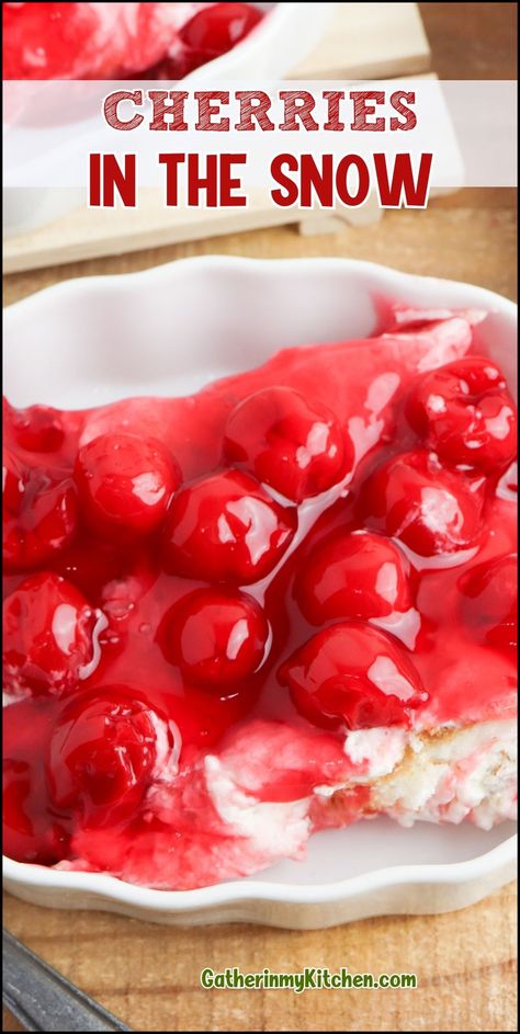 Revel in the timeless charm of Cherries in the Snow, a delectable dessert that combines fluffy angel food cake, rich cream cheese, and luscious cherry pie filling. Perfect for Christmas Cherry Desserts or as a delightful treat at any family gathering. This old fashioned recipe invites a taste of nostalgia blended superbly with creamy Cool Whip, ensuring each bite is as memorable as it is delicious. Angel Food Cake With Pie Filling, Angel Food Cake And Cherry Pie Filling, Cherry Deserts Fresh Cherries, Cherries In The Snow Recipe, Old Fashioned Desserts, Pie Filling Desserts, Cherry Pie Filling Recipes, Cherry Recipes Dessert, Cherries In The Snow