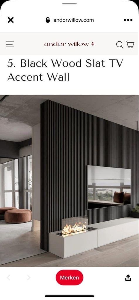 Tv On A Black Wall, Gym Accent Wall Ideas, Black Slat Wall Living Room, Black Slat Wall Tv, Charcoal Panels Wall, Black Wood Slat Wall, Black Wall With Wood Slats, Slat Wall Behind Tv, Black Slatted Wall