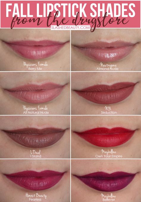 8 Perfect Shades of Drugstore Lipsticks for Fall | Best Drugstore Lipsticks for Fall 2019 | Slashed Beauty Fall Lip Colors For Fair Skin, Fall Drugstore Lipstick, Light Berry Lipstick, Fall Lipstick Colors 2023, Bridal Lipstick Colors, Lipstick Colors For Brunettes, Drugstore Red Lipstick, Cranberry Lipstick, Fall Lipstick Colors