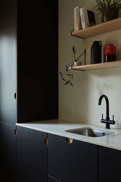 Hack an IKEA Kitchen with HØLTE fronts and worktops | Livingetc Wall Shelves Ikea, Shelves Ikea, Loft Style Interior, Bespoke Kitchen Design, Ikea Kitchen Cabinets, Cabinet Fronts, Kitchen Showroom, Dark Kitchen, Dining Room Combo