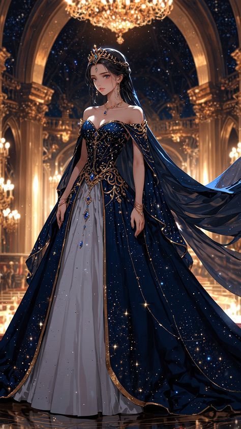 Anime Dress Design Beautiful, Mooncore Outfits, Blue Fantasy Gown, Fantasy Princess Outfit, Fantasy Gowns Queens, Anime Gown, Blue And Gold Gown, Beautiful Gowns Princesses, Fantasy Princess Dress