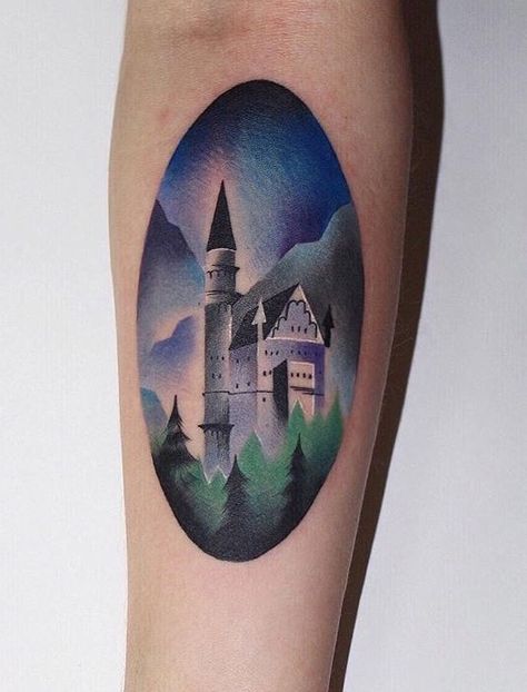 Ann Lilya castle tattoo Castle Back Tattoo, Tiny Castle Tattoo, Castle Shoulder Tattoo, Fairytale Castle Tattoo, Castle Forearm Tattoo, Nature Lover Tattoo, Castle Tattoo, Triangle Tattoo, Tatting