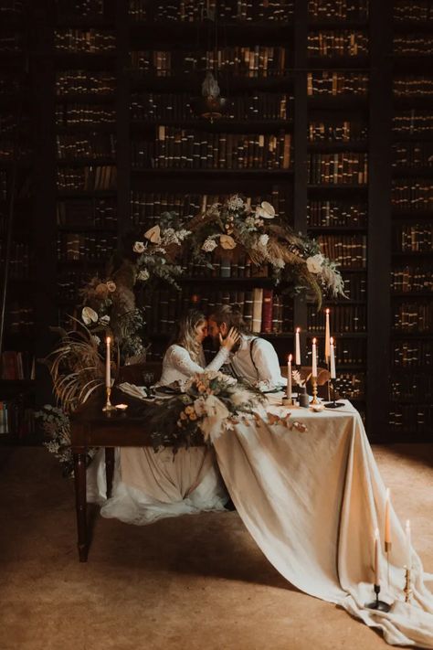 Dark Academia Wedding, Romantic Candlelight, Library Wedding, Table Rock, Dark Wedding, Moody Wedding, Rock My Wedding, Floral Arch, Elopement Wedding