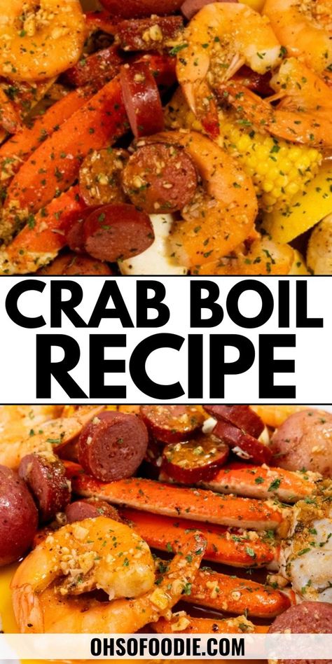 Text reads Crab Boil Recipe Crab Leg Seafood Boil, Crab Leg And Shrimp Boil Recipe, Cajun Shrimp And Crab Boil, Keto Crab Boil, Zatarains Crab Boil Recipe, Zatarans Crab And Shrimp Boil, Shrimp And Crab Legs Recipes, Snow Crab Boil, King Crab Boil Recipe