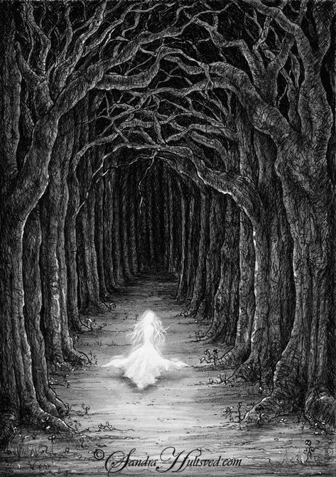 Whisper by SandraHultsved.deviantart.com on @deviantART Scary Woods, Tree Drawings Pencil, Forest Drawing, Wood Illustration, Dark Tree, Spooky Trees, Forest Illustration, Printmaking Art, Chalk Pastels