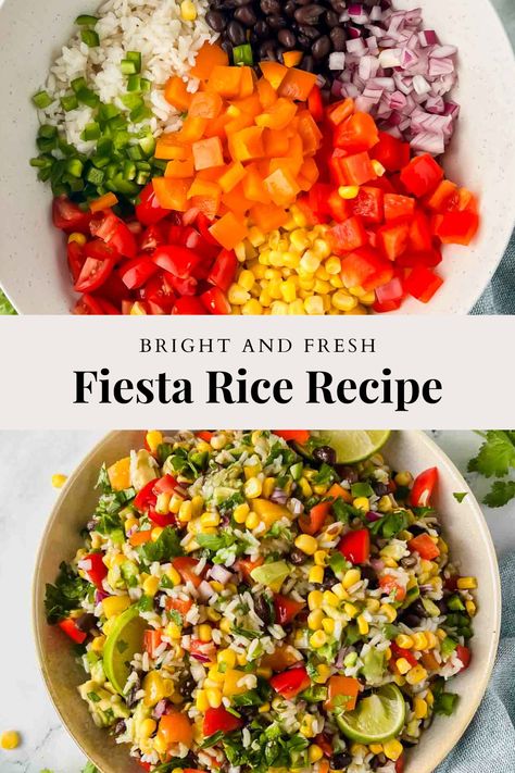 Fiesta Rice is just as it sounds! A party of Mexican flavors incorporated into rice, making the perfect side dish to tacos, enchiladas, and more. Side Mexican Dishes Easy, Side Mexican Dishes, Mexican Rice Salad Recipes, Mexican Themed Side Dishes, Side Dish For Enchiladas Dinners, Sides To Go With Enchiladas, Side Dishes For Tacos Parties, Enchilada Side Dish Ideas, Enchiladas Sides