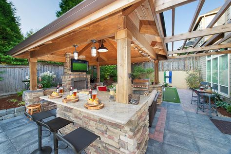 Staycation Landscape design in Camas, Washington, by Paradise Restored Landscaping & Exterior Design in Portland, Oregon Gazebo Bar, Design Per Patio, Grilling Area, Backyard Gazebo, Backyard Bar, Backyard Kitchen, Dream Backyard, Outdoor Kitchen Design, Backyard Patio Designs