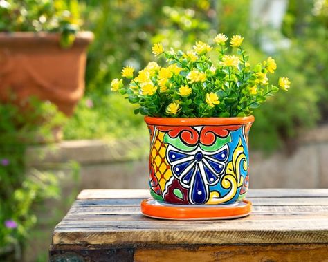 Talavera Mexican Pottery Ceramic Flower Pot & Matching Drip | Etsy Mexican Flower Pots, Painted Planters, Talavera Planters, Mexican Talavera Pottery, Hand Painted Planter, Ceramic Flower Pot, Talavera Pottery, Small Potted Plants, Ceramic Flower Pots