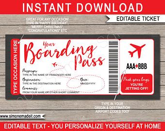 DIY Printable Editable Boarding Pass Surprise Fake Airline | Etsy Template Tiket, Surprise Birthday Trip, Fake Plane Ticket, Ticket Template Free, Surprise Trip Reveal, Cruise Tickets, Boarding Pass Template, Party Tickets, Plane Ticket