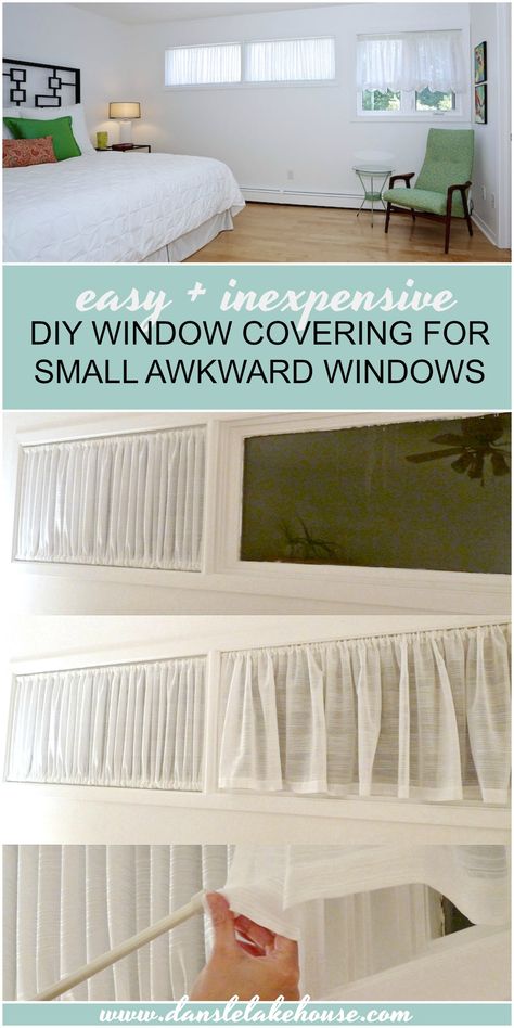 DIY Window Covering for Awkward Windows | Ruched Curtain DIY Window Covering For Basement Windows, In Window Curtains, Small High Window Treatments, Window Treatments For Small Windows, Small Windows Curtains, Small Window Bedroom, Small Window Ideas, Basement Window Coverings, Basement Window Curtains