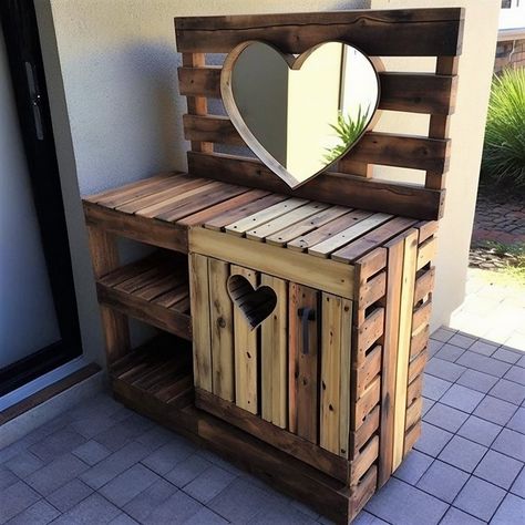 Pallet Makeup Vanity, Vanity Diy Bedroom, Bedroom Pallet, Pallet Vanity, Diy Pallet Vanity, Vanity Ideas Bedroom, Pallet House Plans, Pallet Makeup, Pallet Furniture Ideas